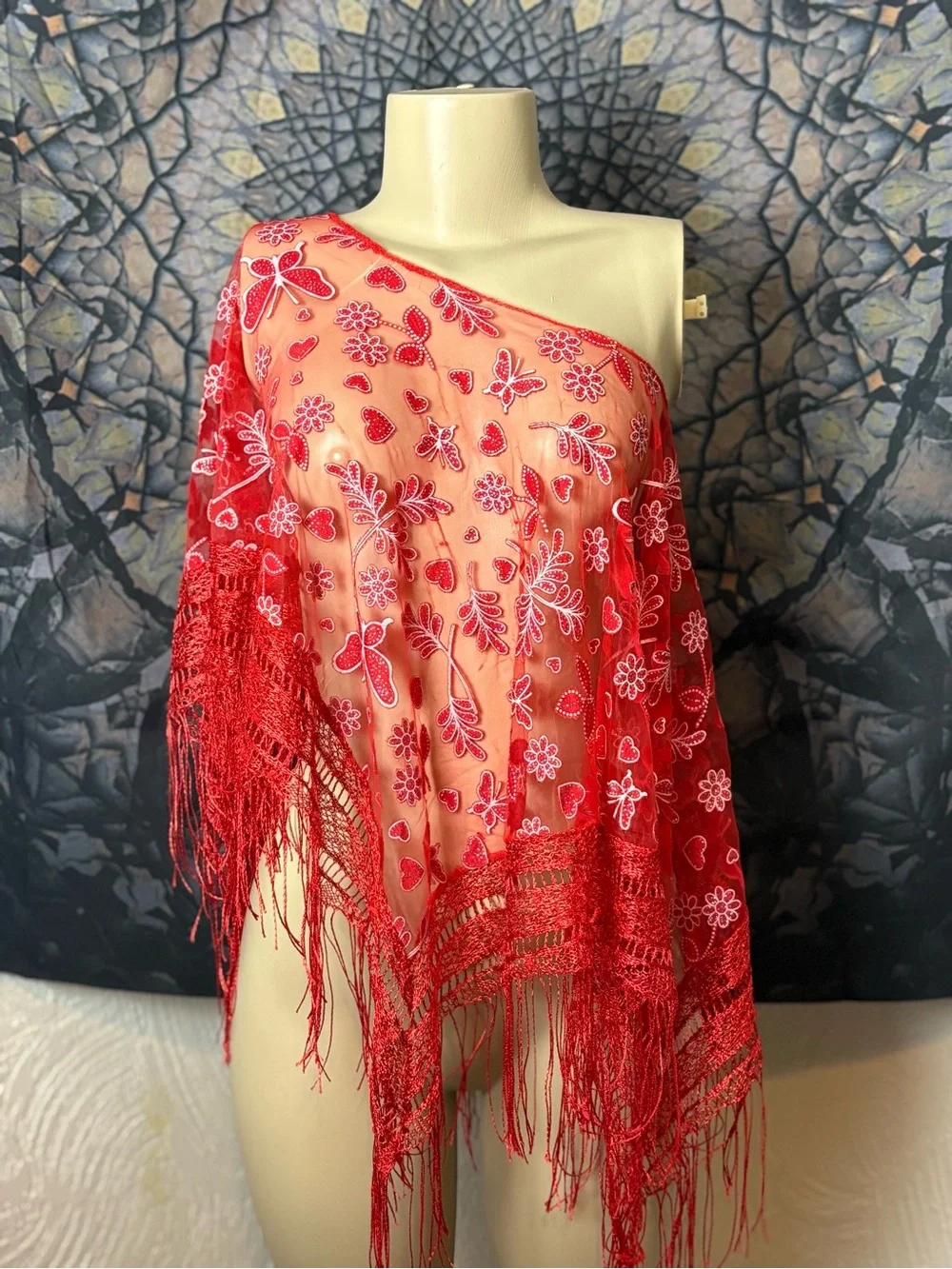 Red Embroidered Fringe Shawl / Scarf Wrap